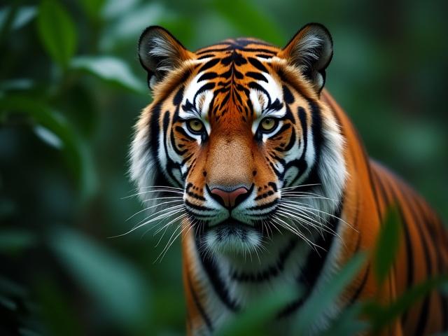 घने जंगल में विशाल बाघ की क्लोज-अप फोटोग्राफी